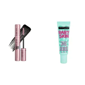 Maybelline Sky High Mascara Waterproof Very Black and Baby Skin Primer Bundle with Garnier Micellar Water and Eco Pads
