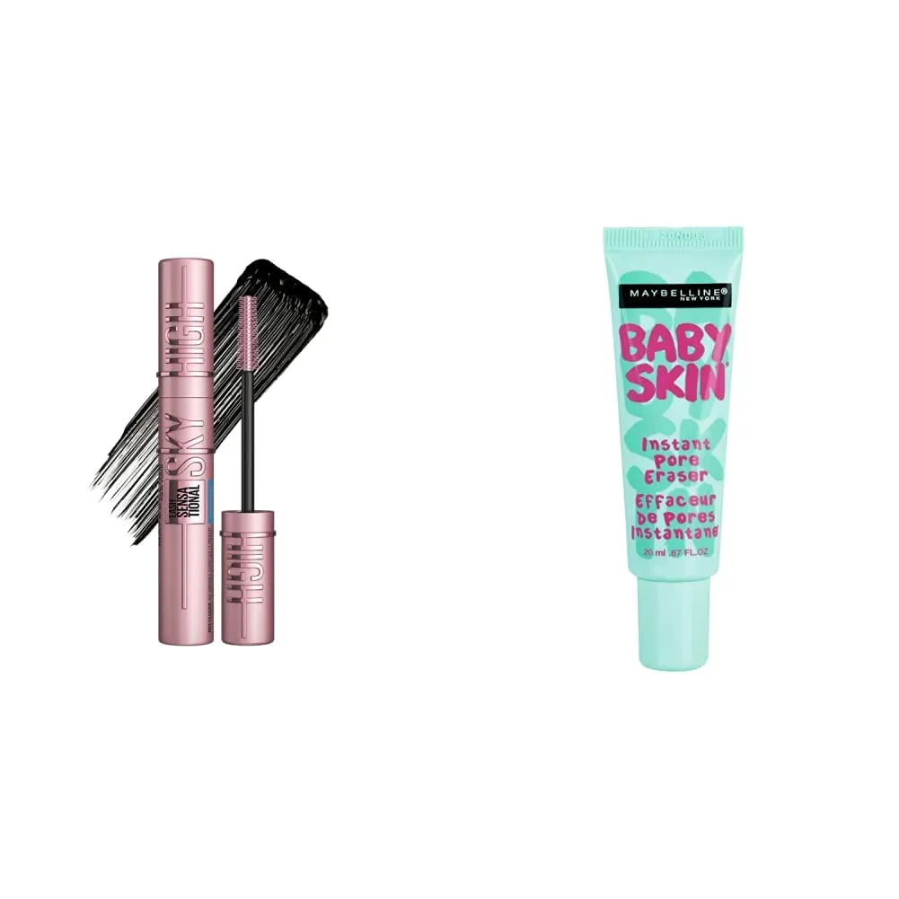 Maybelline Sky High Mascara Waterproof Very Black and Baby Skin Primer Bundle with Garnier Micellar Water and Eco Pads