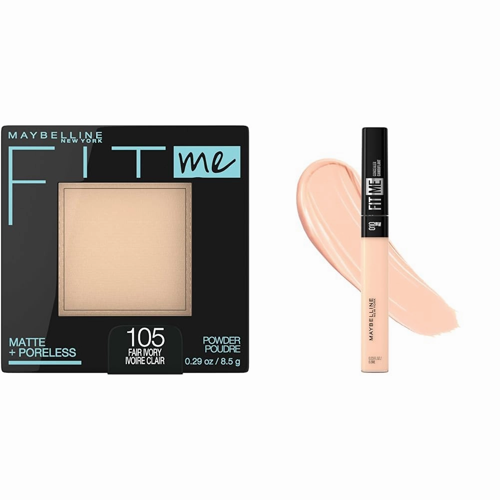 Maybelline Fit Me Matte   Poreless Face Powder & Liquid Concealer Makeup Bundle, 1 Count Each