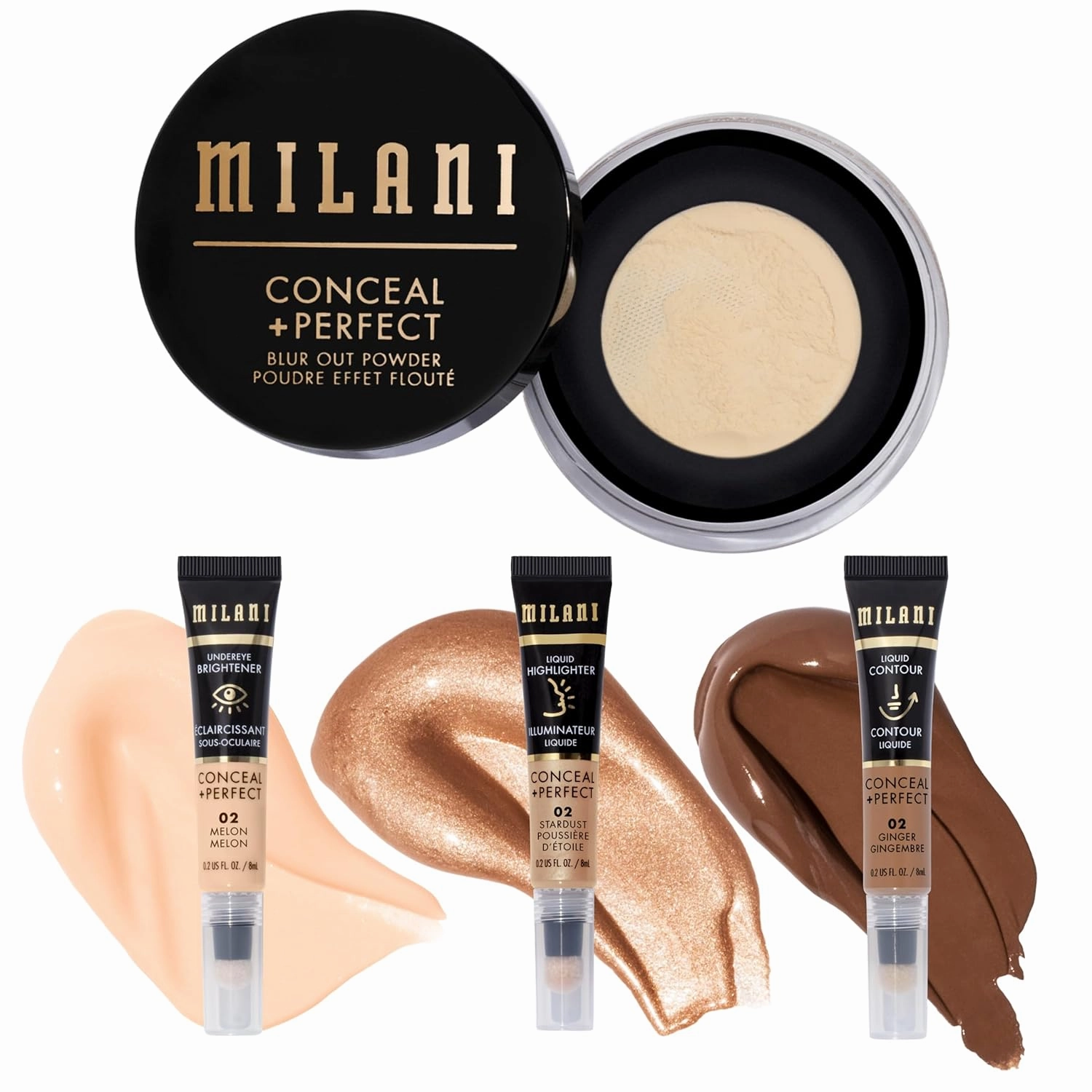 Milani Conceal   Perfect Blur Out Powder and Facelift Collection Kit 2: Ginger Contour, Stardust Highlighter, Melon Undereye Brightener