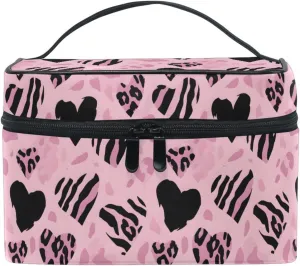 MNSRUU Makeup Bags, Pink Heart-shaped Striped Leopard Makeup Organizer Bags Toiletry Bag Box Travel Cosmetic Bag Make Up Train Case for Women Teen Girl Ladies