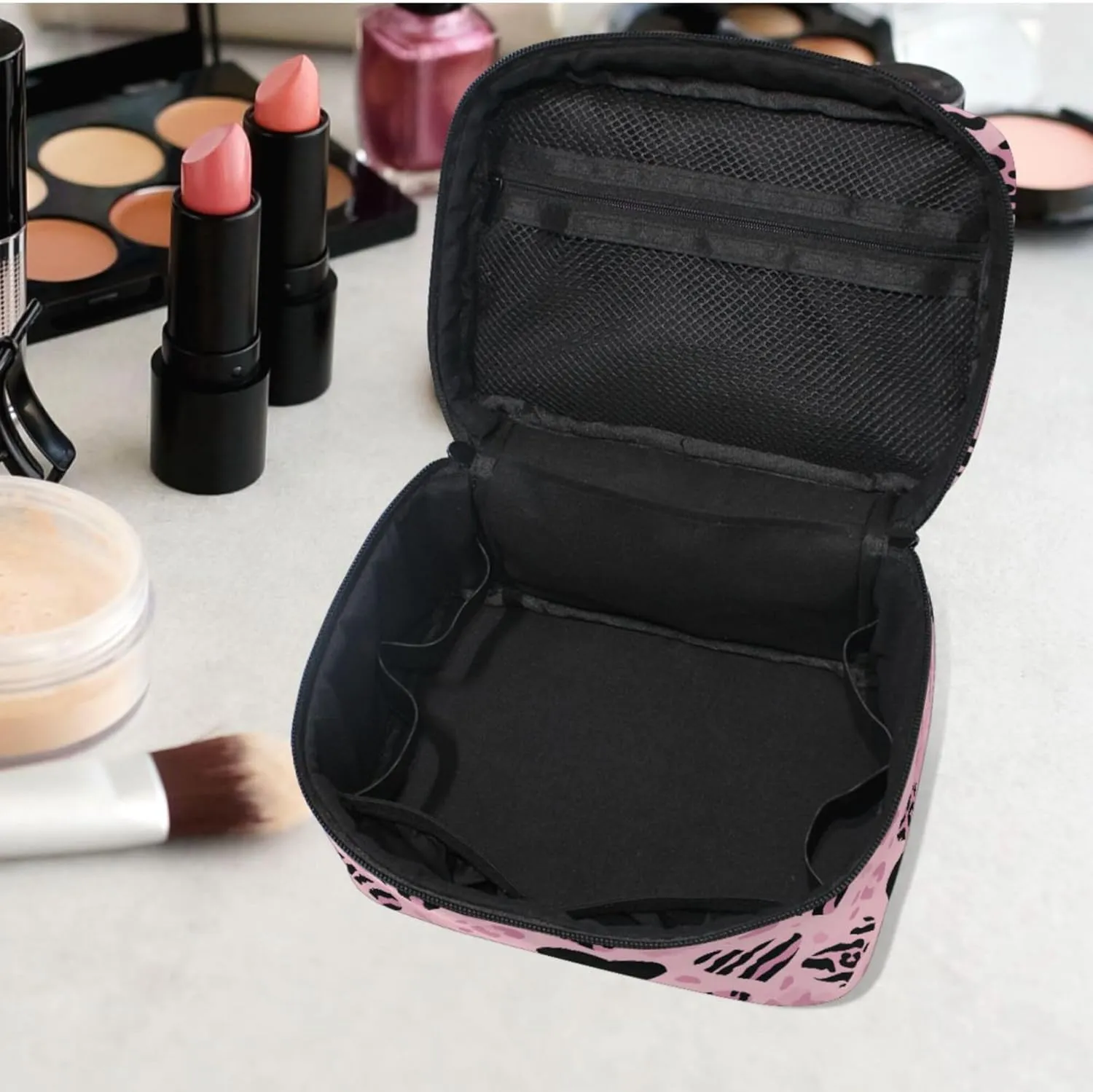 MNSRUU Makeup Bags, Pink Heart-shaped Striped Leopard Makeup Organizer Bags Toiletry Bag Box Travel Cosmetic Bag Make Up Train Case for Women Teen Girl Ladies