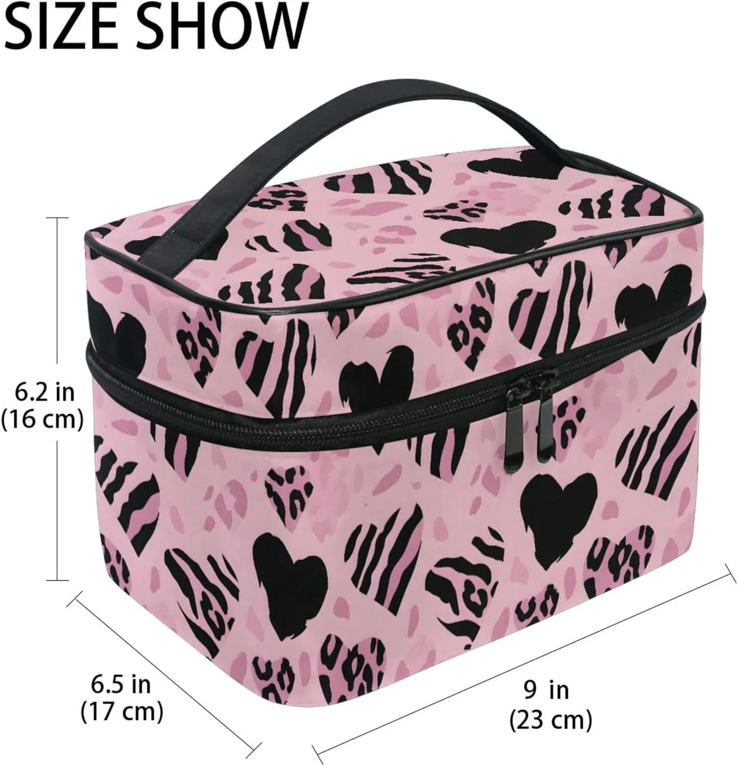 MNSRUU Makeup Bags, Pink Heart-shaped Striped Leopard Makeup Organizer Bags Toiletry Bag Box Travel Cosmetic Bag Make Up Train Case for Women Teen Girl Ladies