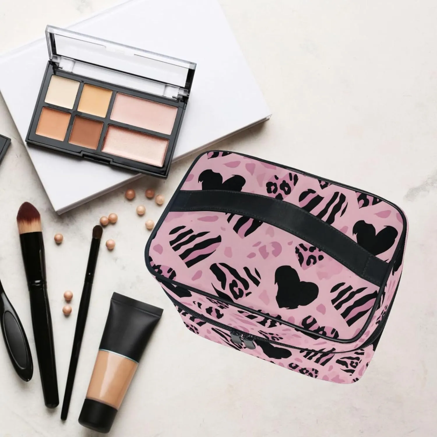 MNSRUU Makeup Bags, Pink Heart-shaped Striped Leopard Makeup Organizer Bags Toiletry Bag Box Travel Cosmetic Bag Make Up Train Case for Women Teen Girl Ladies
