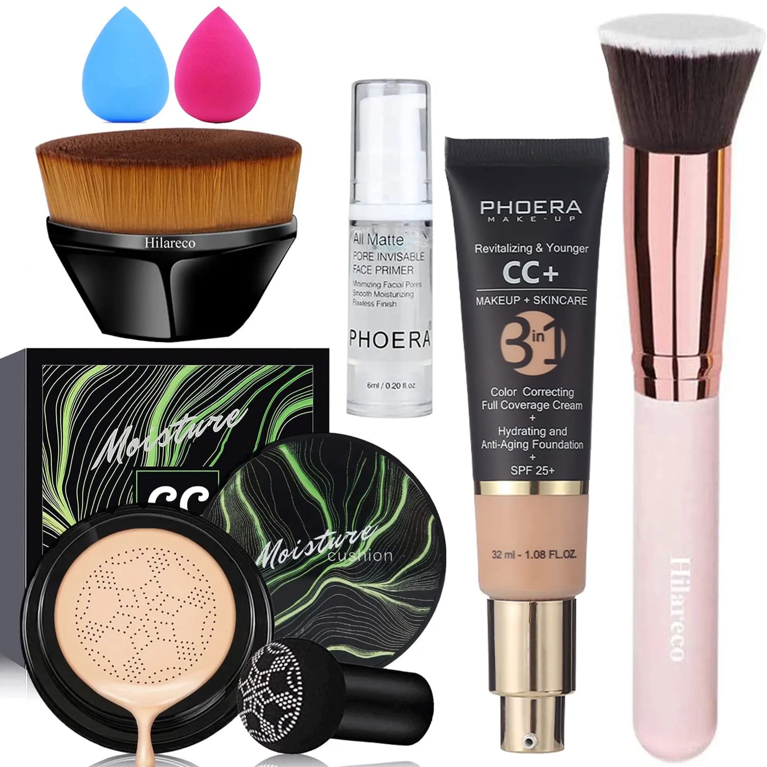 Mushroom Head Air Cushion CC Cream Natural Foundation,PHOERA CC Cream Foundation With SPF,Color Correcting Anti Aging Hydrating Serum,PHOERA Face Primer (#03 Warm Nude  #120 Nude)