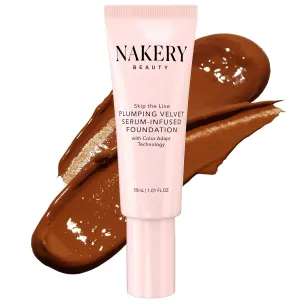 Nakery Full Coverage Foundation for Women - 5 in 1 Plumping Liquid Foundation Makeup - Serum Infused Makeup Foundation Smart Color Adapt with Niacinamide & Hyaluronic Acid for All Skin Types - Deep