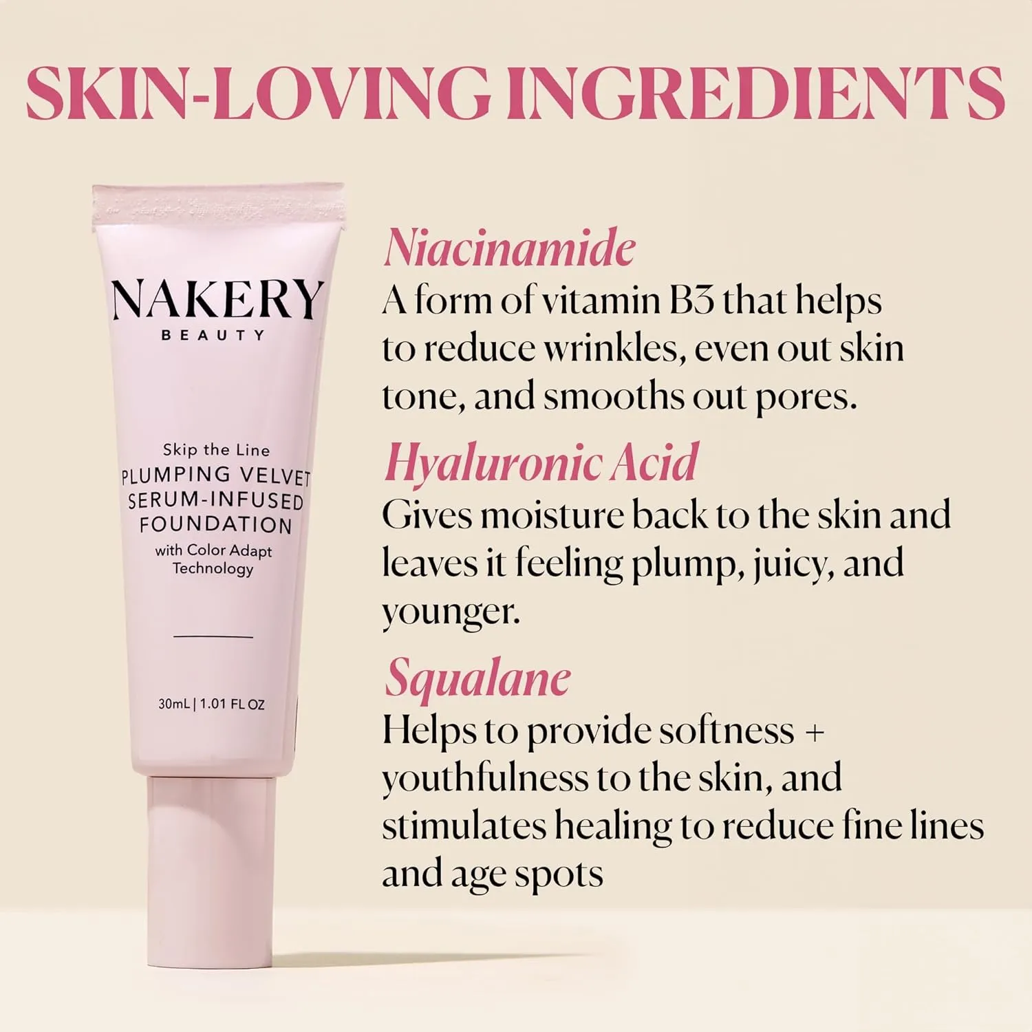 Nakery Full Coverage Plumping Liquid Foundation - Serum Infused Makeup with Niacinamide & Hyaluronic Acid for All Skin Types - Medium
