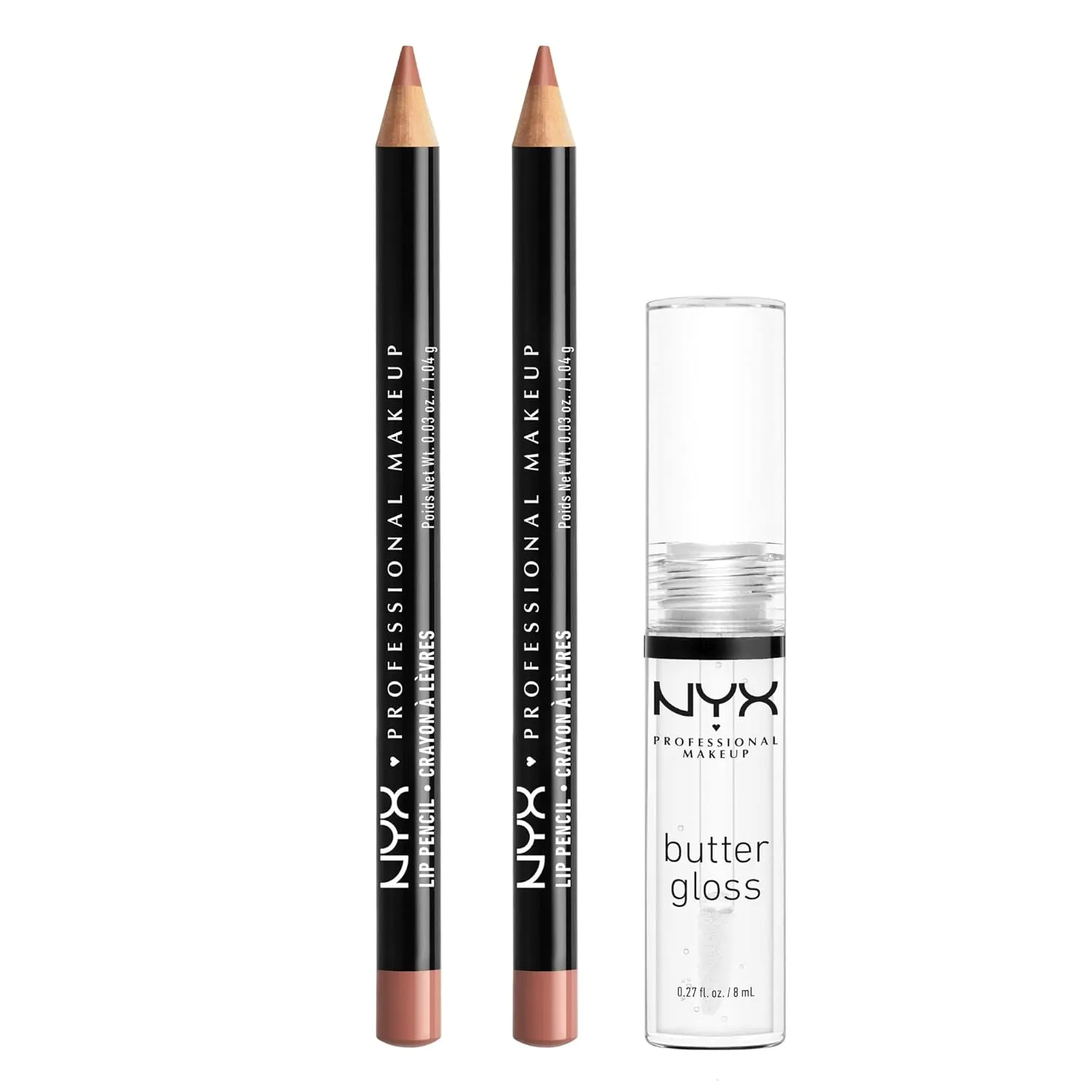 NYX PROFESSIONAL MAKEUP Slim Lip Pencil (Peakaboo Neutral)   Butter Gloss (Sugar Glass, Clear), 3-Pack Bundle