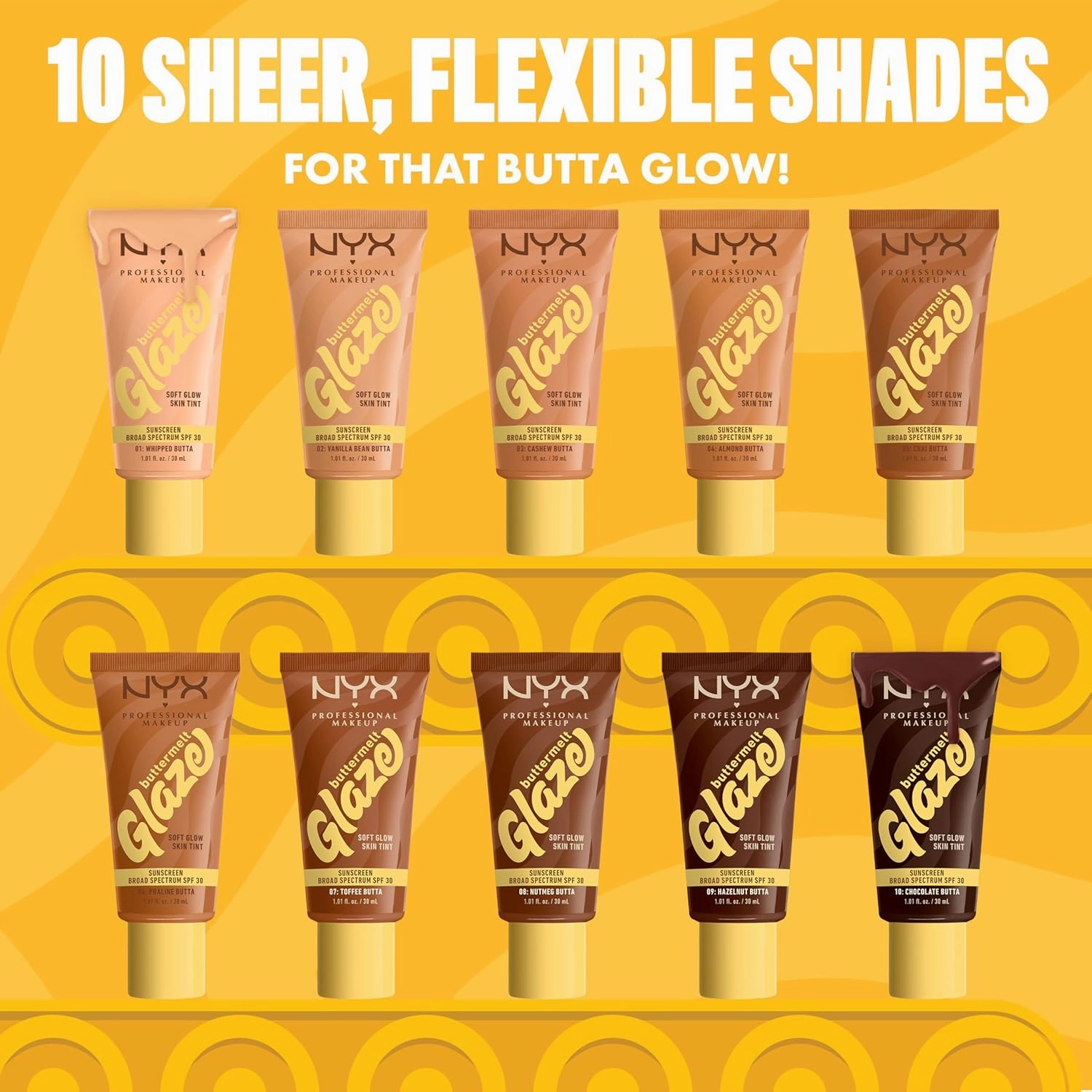 NYX PROFESSIONAL MAKEUP Buttermelt Glaze Soft Glow Skin Tint   SPF 30, Up To 12HR Wear, 06 Praline Butta