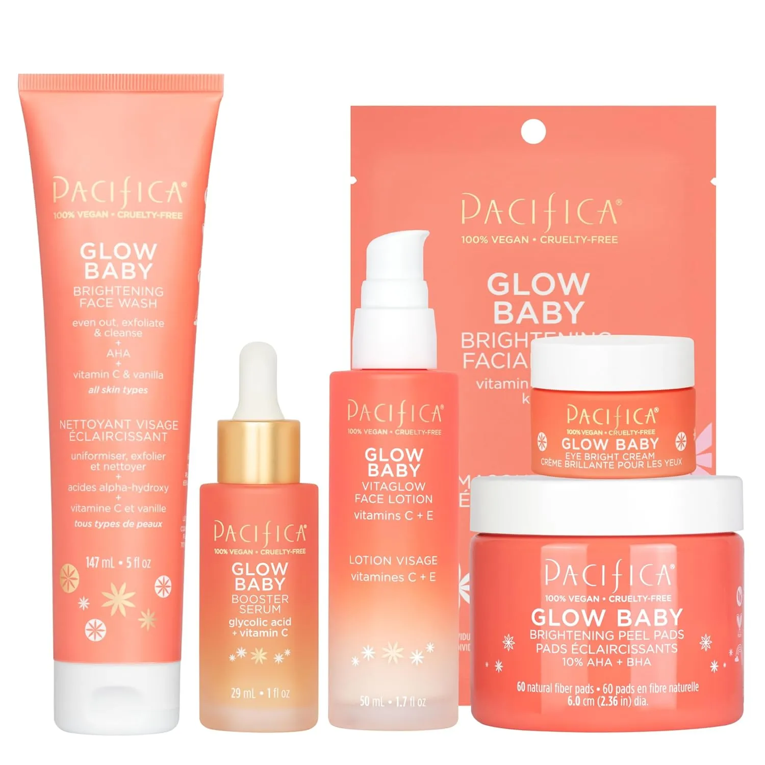 Pacifica Glow Baby Complete Skincare Set – 6 Piece Vitamin C Brightening Collection (Face Wash, Peel Pads, Booster Serum, Moisturizer, Eye Cream, Sheet Mask), 100% Vegan