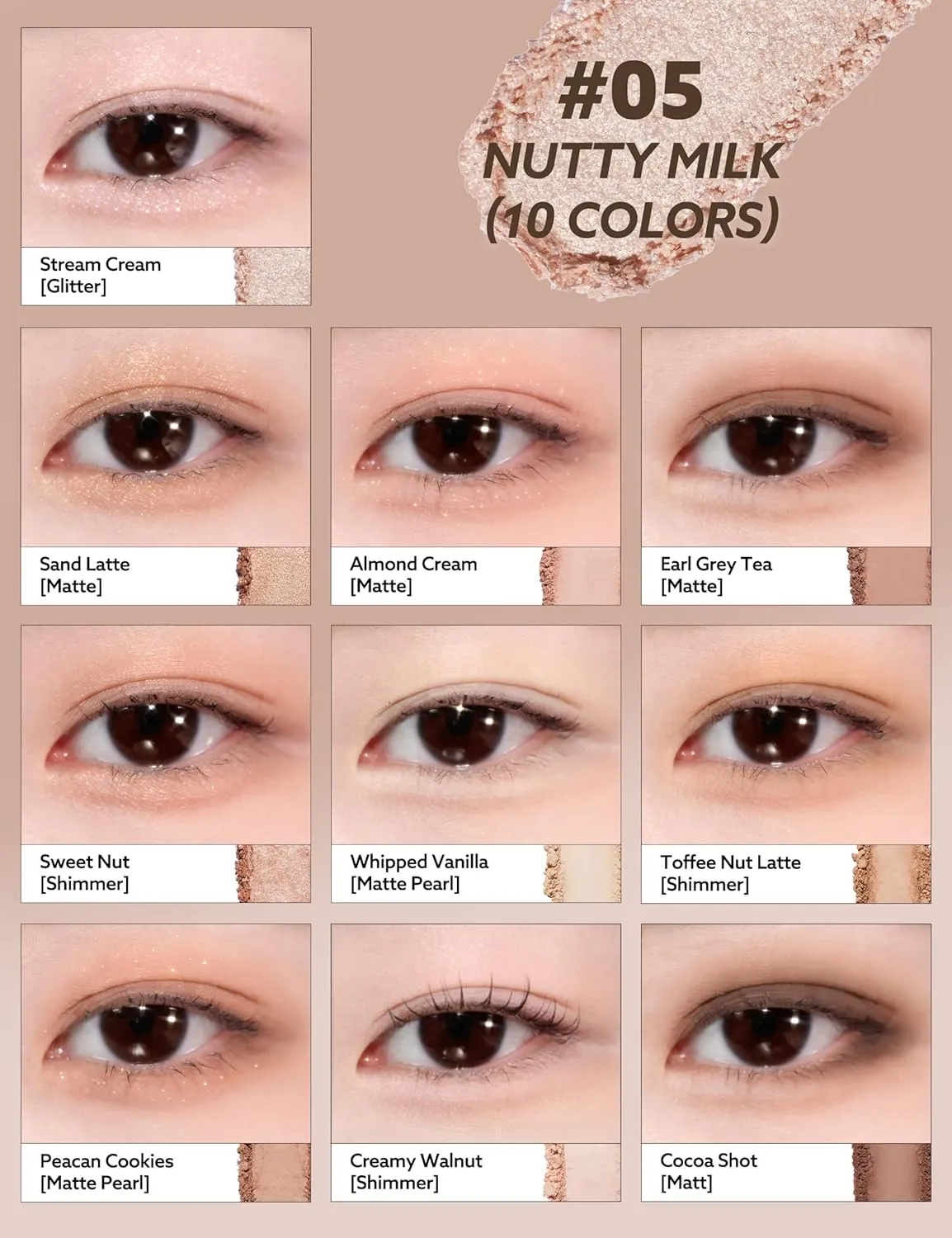 Peach C Seasonal Blending Eyeshadow Palette 05 Nutty Milk | Neutral Beige & Nutty Browns with Matte, Shimmer & Glitter Finishes | K-Beauty Palette for Natural Contour Eye Looks