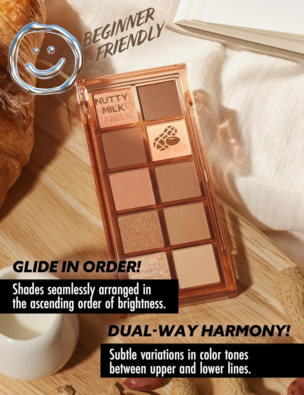 Peach C Seasonal Blending Eyeshadow Palette 05 Nutty Milk | Neutral Beige & Nutty Browns with Matte, Shimmer & Glitter Finishes | K-Beauty Palette for Natural Contour Eye Looks