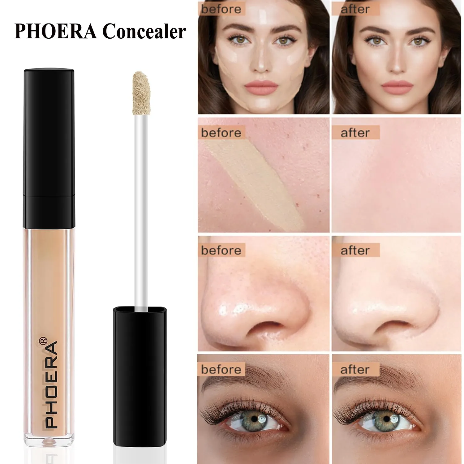 PHOERA Foundation 3-in-1 Contour Makeup Kit - Highlighter, Blush & Bronzer Sticks for Sculpting Cheeks (Porcelain/Nude)