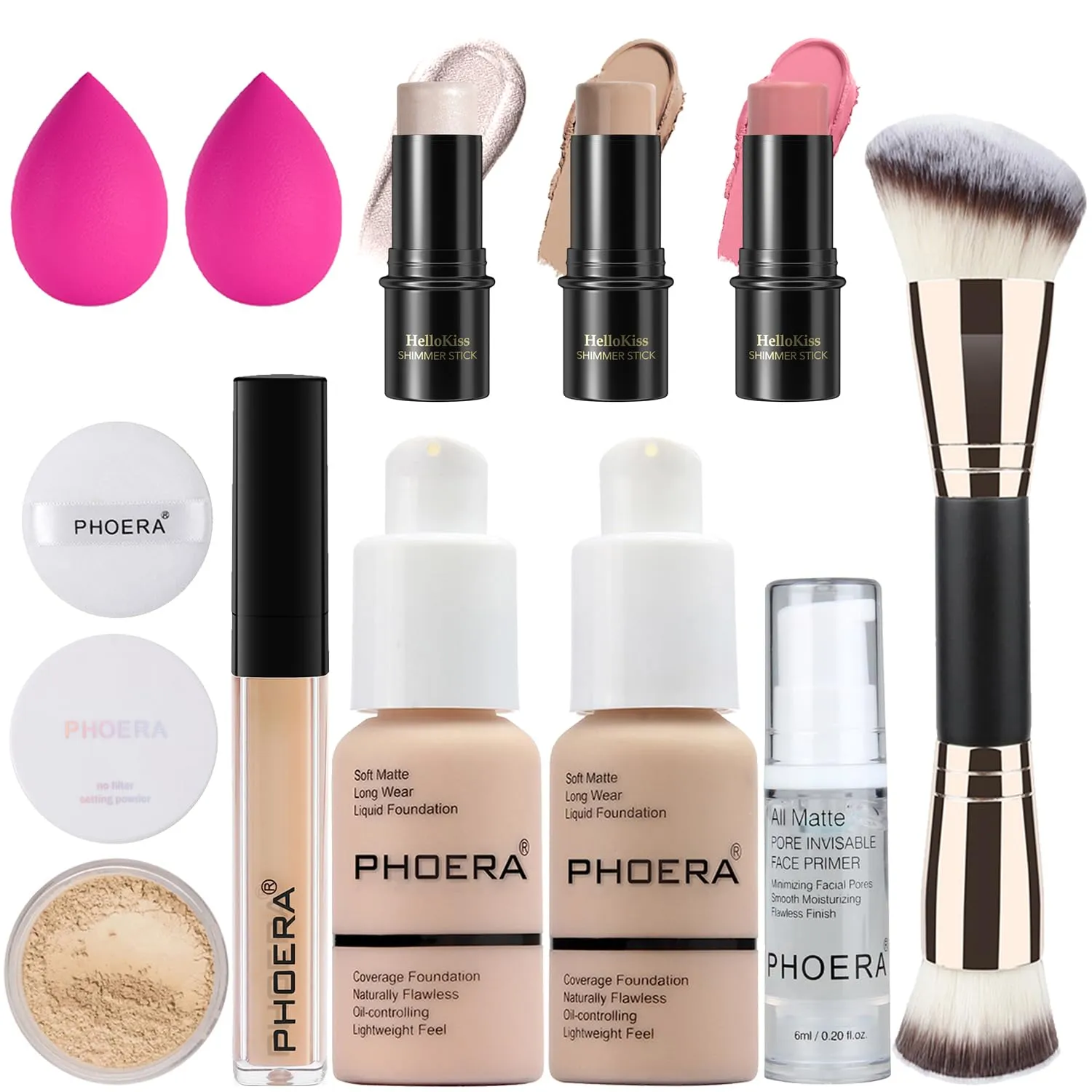 PHOERA Foundation 3-in-1 Contour Makeup Kit - Highlighter, Blush & Bronzer Sticks for Sculpting Cheeks (Porcelain/Nude)