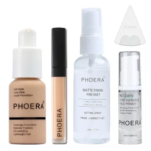 Phoera Foundation Full Coverage Makeup Set - Includes Warm Peach 30ml Matte Foundation, Phoera Concealer (Beige), 6ml Face Primer, 50ml Setting Spray & Silicone Blender Sponge for Easy Application