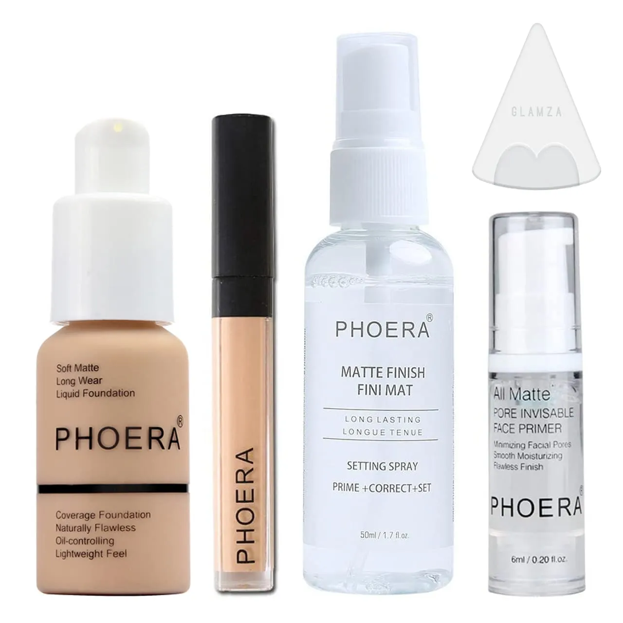 Phoera Foundation Full Coverage Makeup Set - Includes Warm Peach 30ml Matte Foundation, Phoera Concealer (Beige), 6ml Face Primer, 50ml Setting Spray & Silicone Blender Sponge for Easy Application