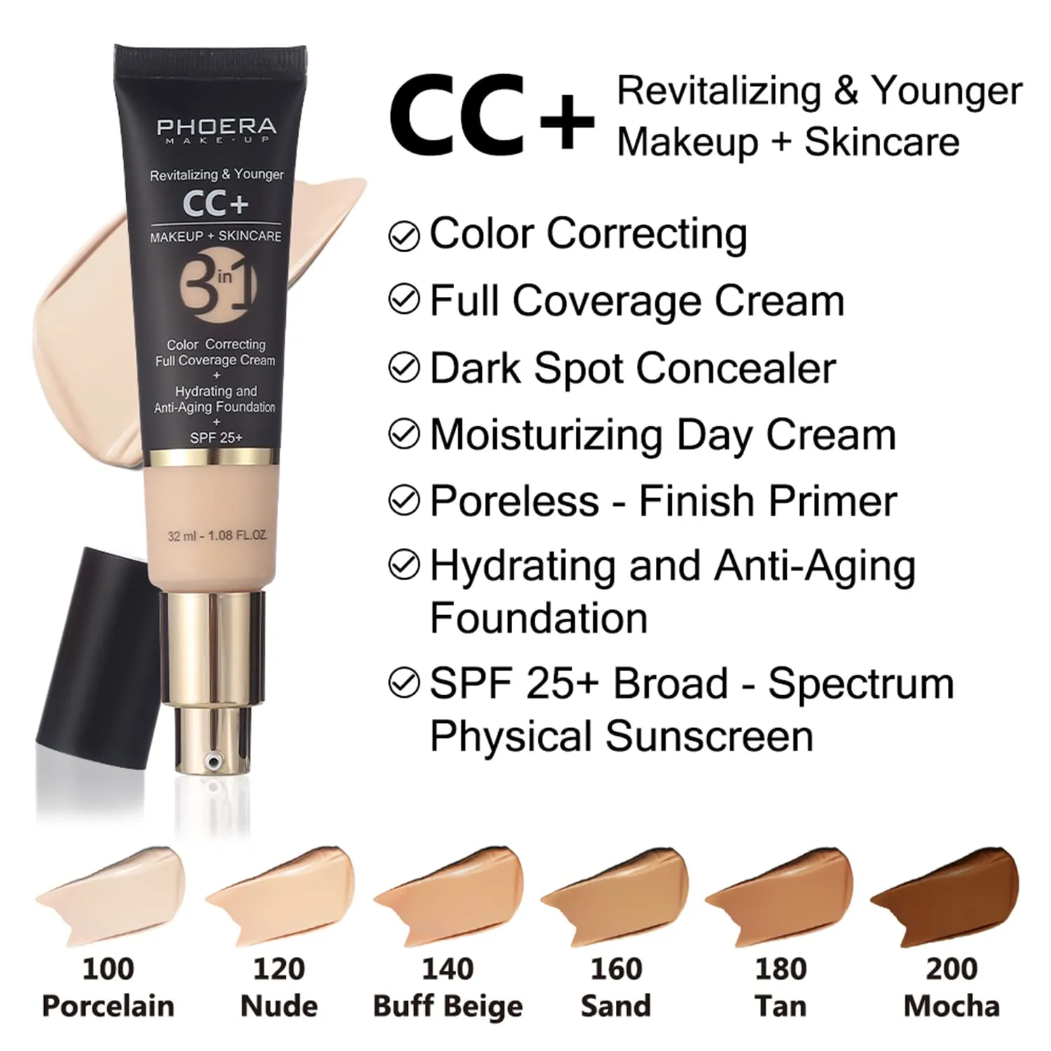 PHOERA Foundation,PHOERA CC  Cream Color Correcting Anti Aging Hydrating Serum &SPF 25 ,PHOERA Primer, PHOERA Makeup,Kabuki Brushes Foundation Brush Powder (104 Buff Beige  140 Buff Beige CC Cream)