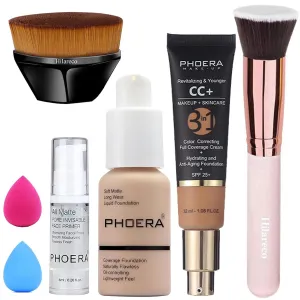 PHOERA Foundation,PHOERA CC Cream Foundation Color Correcting Anti Aging Hydrating Serum &SPF 25 ,PHOERA Primer, PHOERA Makeup Foundation, Makeup Brushes (102 Nude 140 Buff Beige CC Cream)