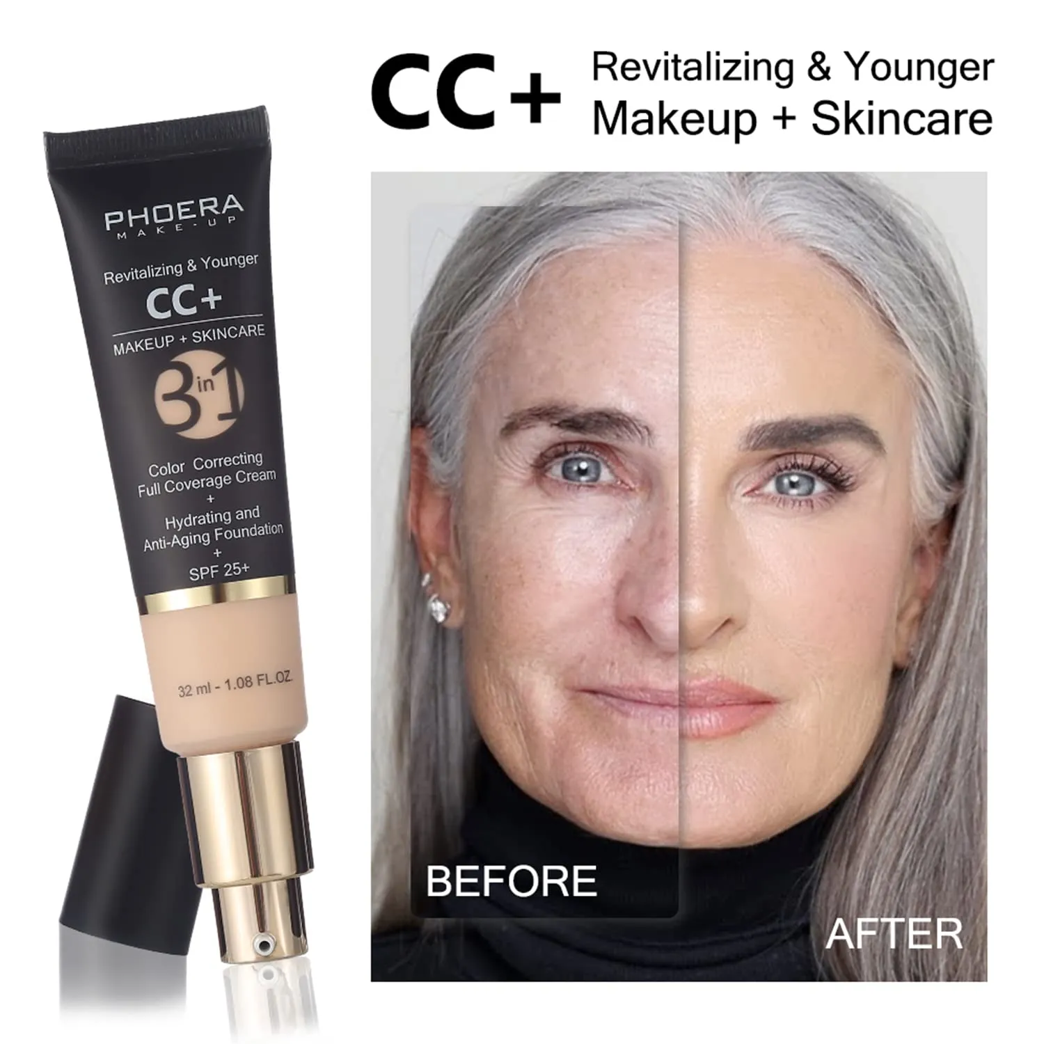 PHOERA Foundation,PHOERA CC Cream Foundation Color Correcting Anti Aging Hydrating Serum &SPF 25 ,PHOERA Primer, PHOERA Makeup Foundation, Makeup Brushes (102 Nude 140 Buff Beige CC Cream)
