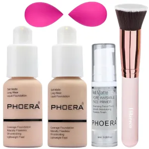 PHOERA Foundation,PHOERA Makeup for Women,PHOERA Matte Liquide Foundation Full Coverage,PHOERA Primer,PHOERA Concealer,Kabuki Makeup Brushes Foundation (101 Porcelain   102 Nude)