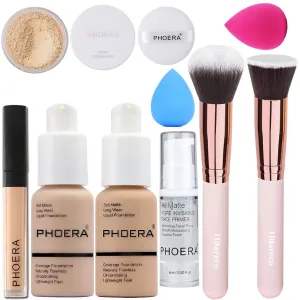 PHOERA Makeup Set - Full Coverage Foundation, Primer, Powder, Concealer & Kabuki Makeup Brushes - 2 Makeup Sponge (Nude   Warm Peach)