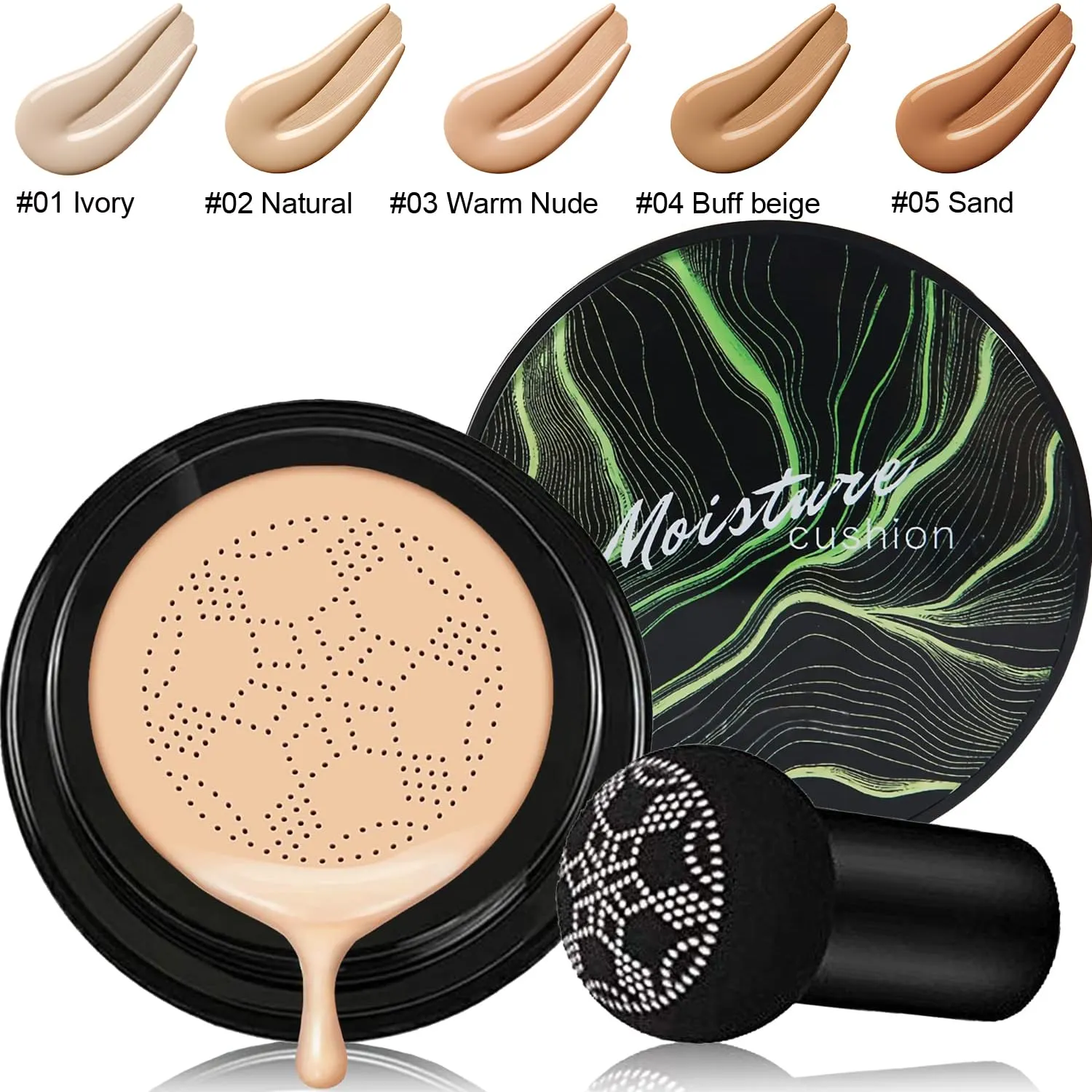 PHOERA Mushroom Head Air Cushion CC Cream Natural Foundation Set, Concealer, Primer, Powder, Foundation Brushes (104 Buff Beige  04 Buff Beige CC)