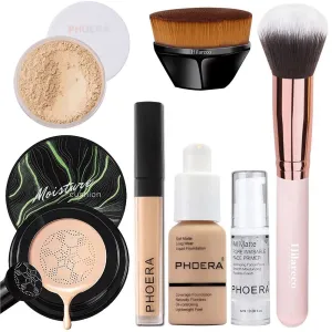 PHOERA Mushroom Head Air Cushion CC Cream Natural Foundation Set, Concealer, Primer, Powder, Foundation Brushes (104 Buff Beige  04 Buff Beige CC)
