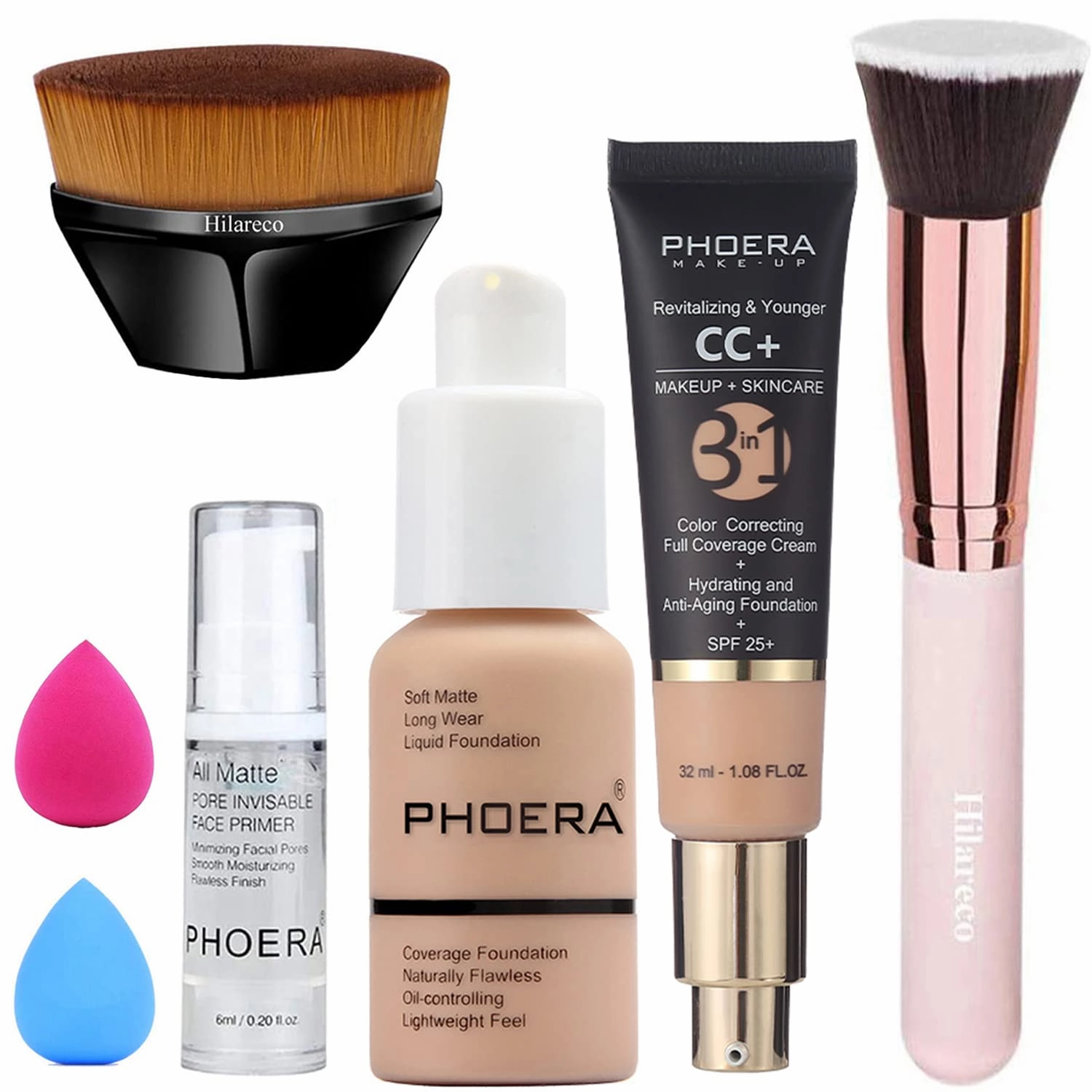 PHOERA CC  Cream Color Correcting Anti Aging Hydrating Serum & SPF 25 , PHOERA Primer, Kabuki Makeup Brushes Foundation Brush Powder (103 Warm Peach 120 Nude)