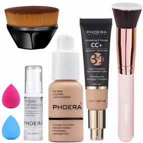PHOERA CC  Cream Color Correcting Anti Aging Hydrating Serum & SPF 25 , PHOERA Primer, Kabuki Makeup Brushes Foundation Brush Powder (103 Warm Peach 120 Nude)