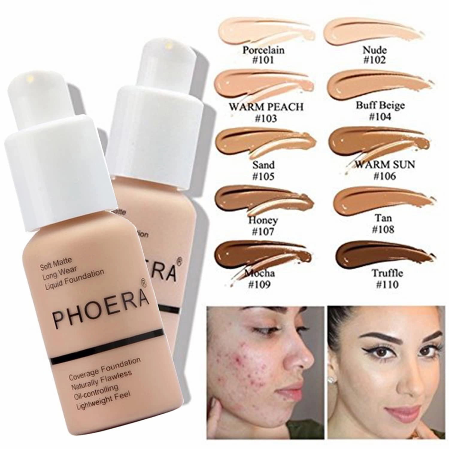 PHOERA CC  Cream Color Correcting Anti Aging Hydrating Serum & SPF 25 , PHOERA Primer, Kabuki Makeup Brushes Foundation Brush Powder (103 Warm Peach 120 Nude)