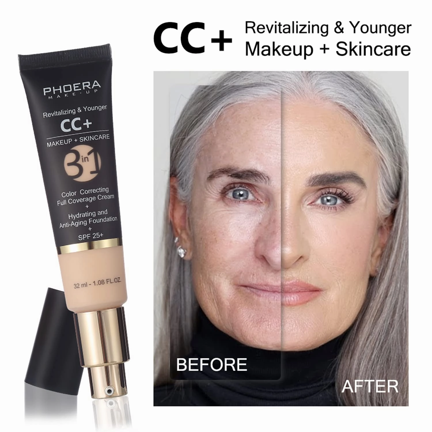 PHOERA CC  Cream Color Correcting Anti Aging Hydrating Serum & SPF 25 , PHOERA Primer, Kabuki Makeup Brushes Foundation Brush Powder (103 Warm Peach 120 Nude)