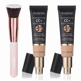 PHOERA CC Cream Foundation With SPF,PHOERA Full Coverage Foundation Color Correcting Cream,Anti Aging Hydrating Serum & SPF 25  Sunscreen Natural Finish1.08 floz (2PCS 120 Nude)