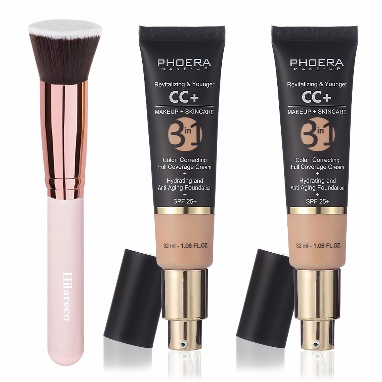 PHOERA CC Cream Foundation With SPF,PHOERA Full Coverage Foundation Color Correcting Cream,Anti Aging Hydrating Serum & SPF 25  Sunscreen Natural Finish1.08 floz (2PCS 120 Nude)