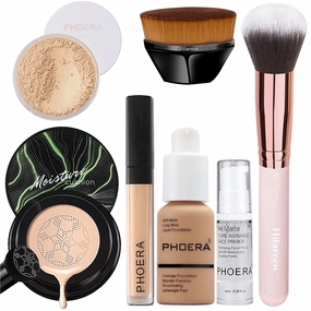 PHOERA Foundation Full Coverage Makeup, Mushroom Head Air Cushion CC Cream Natural Foundation Set,PHOERA Concealer, PHOERA Primer, PHOERA Powder, Foundation Brushes (105 Sand  05 Sand CC)