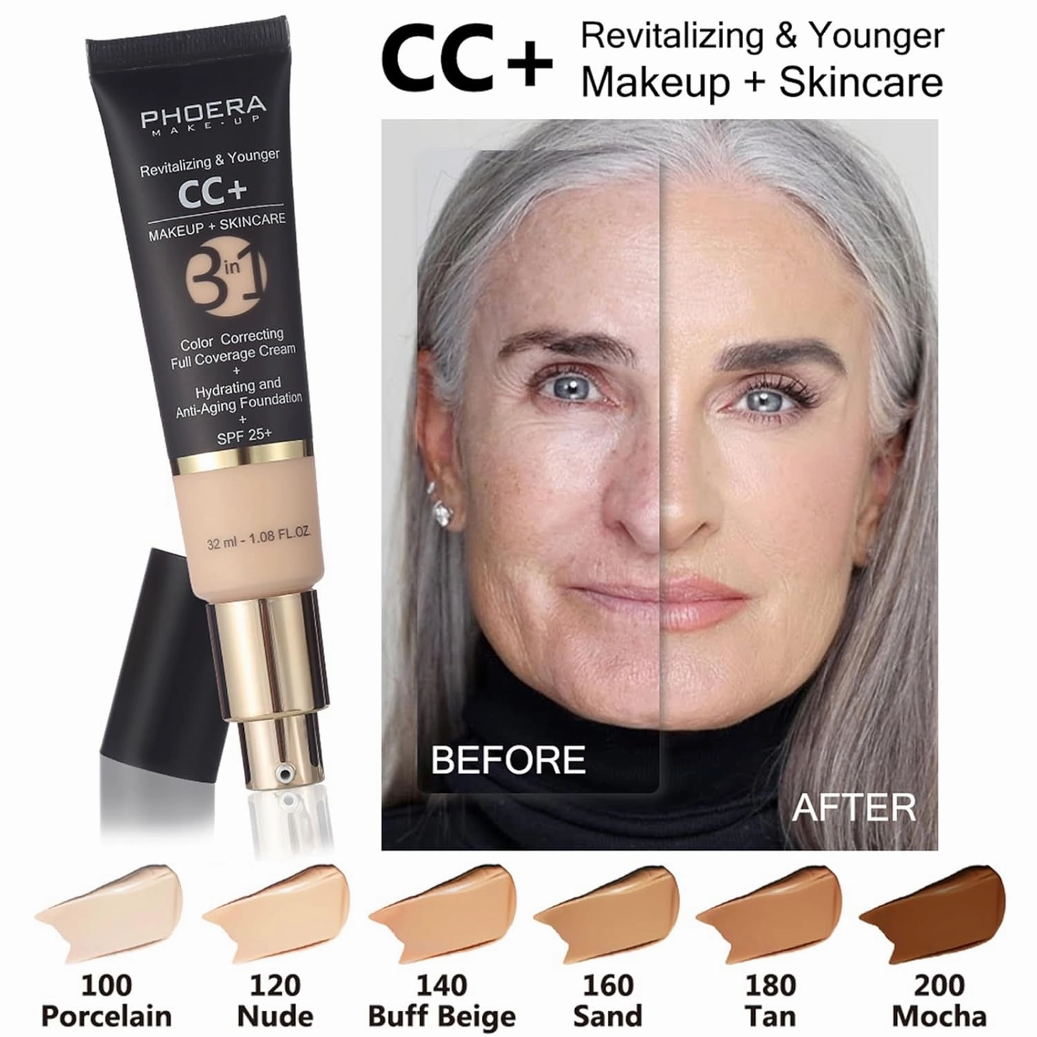 PHOERA Foundation Full Coverage,PHOERA CC  Cream,2024 New PHOERA Foundation Makeup for Mature Skin, Wrinkles Matte Natural Finish,Primer (104 140CC N03/ Buff Beige)