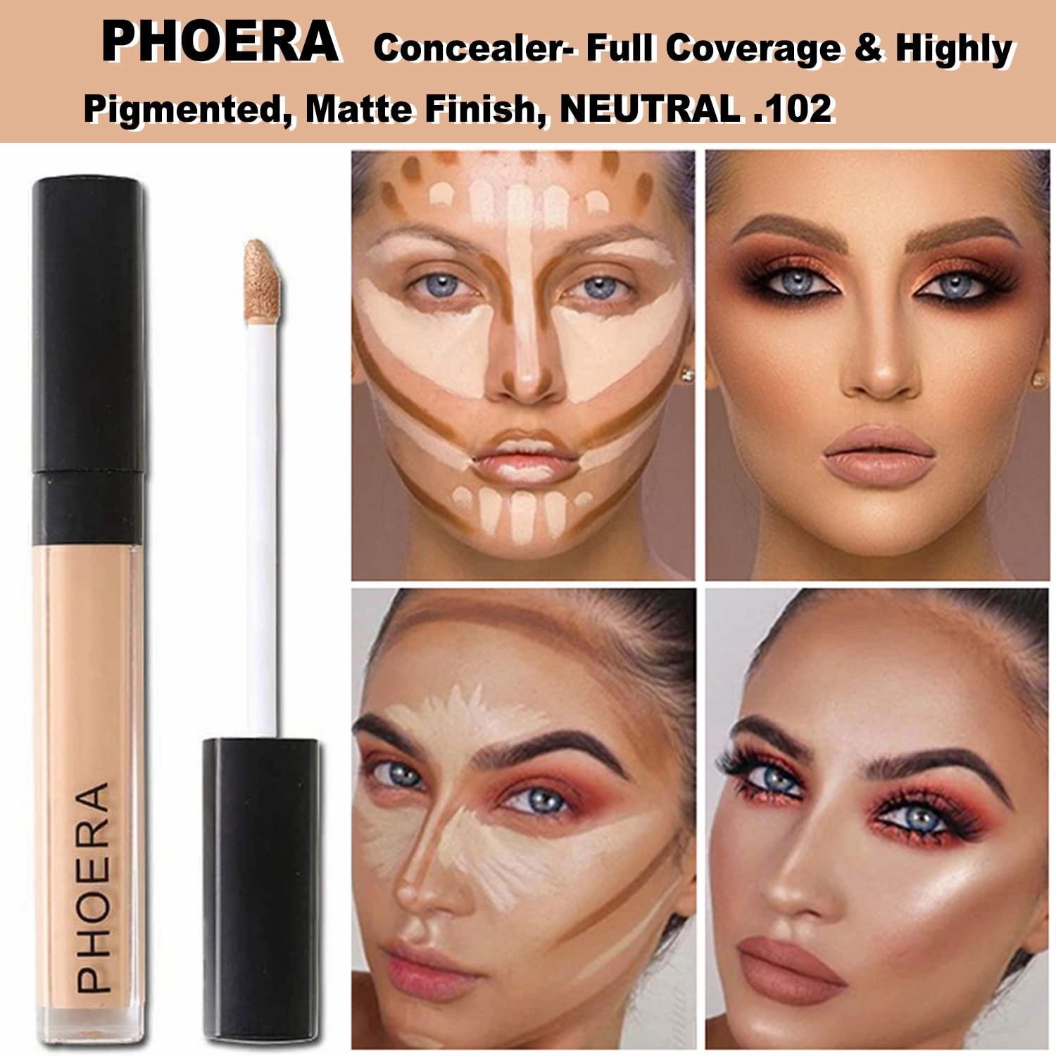 PHOERA Makeup Set - Full Coverage Foundation, Primer, Powder, Concealer & Kabuki Brushes (2 Sponge #105 Sand)