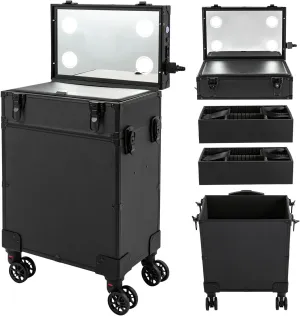 Professional Makeup Case Rolling Makeup Case Makeup Train Case with LED Lighted Mirror Cosmetic Trolley Case on Wheels Multi-layer Makeup Organizer for Makeup Artists| US STOCK (4IN1 3-Tiers)