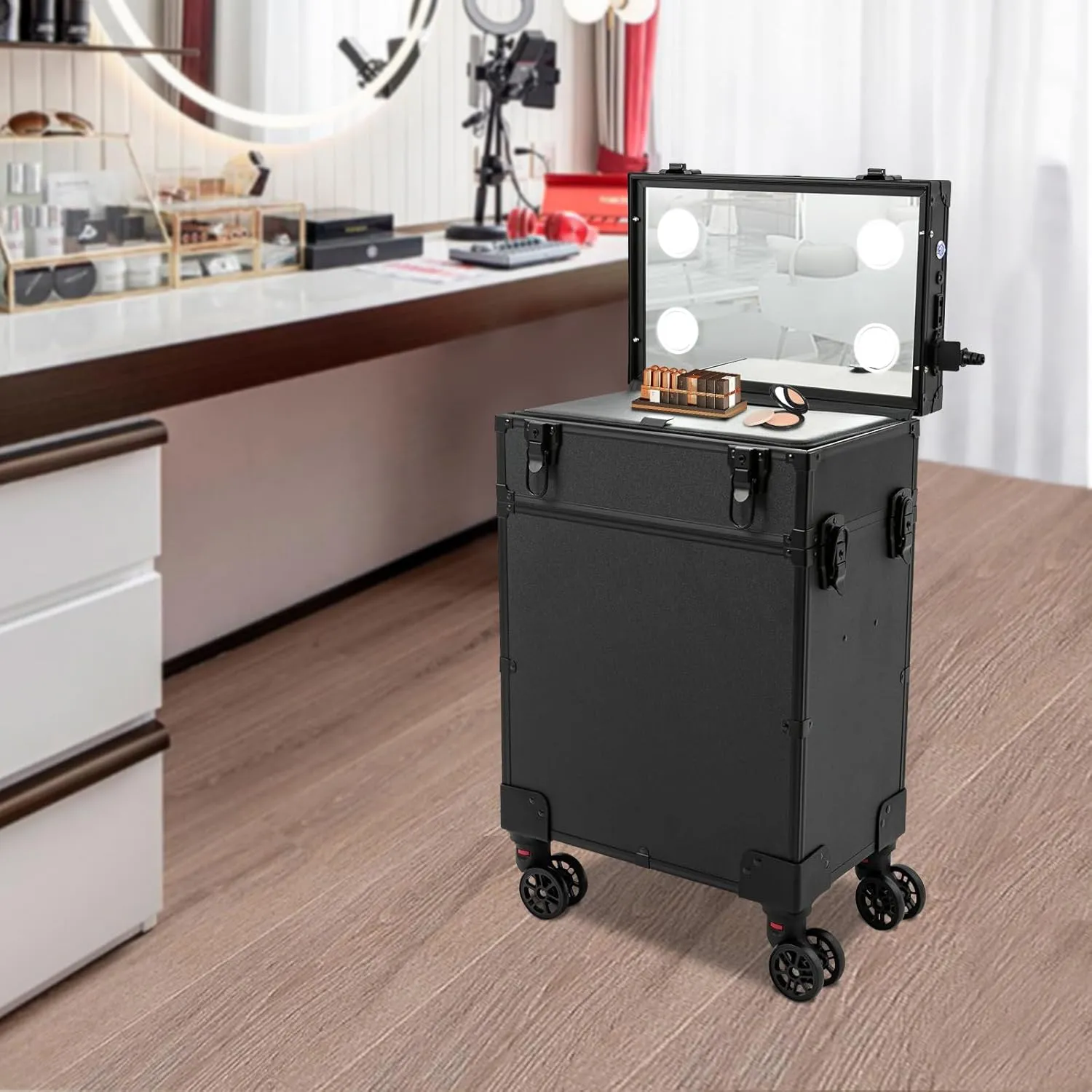 Professional Makeup Case Rolling Makeup Case Makeup Train Case with LED Lighted Mirror Cosmetic Trolley Case on Wheels Multi-layer Makeup Organizer for Makeup Artists| US STOCK (4IN1 3-Tiers)