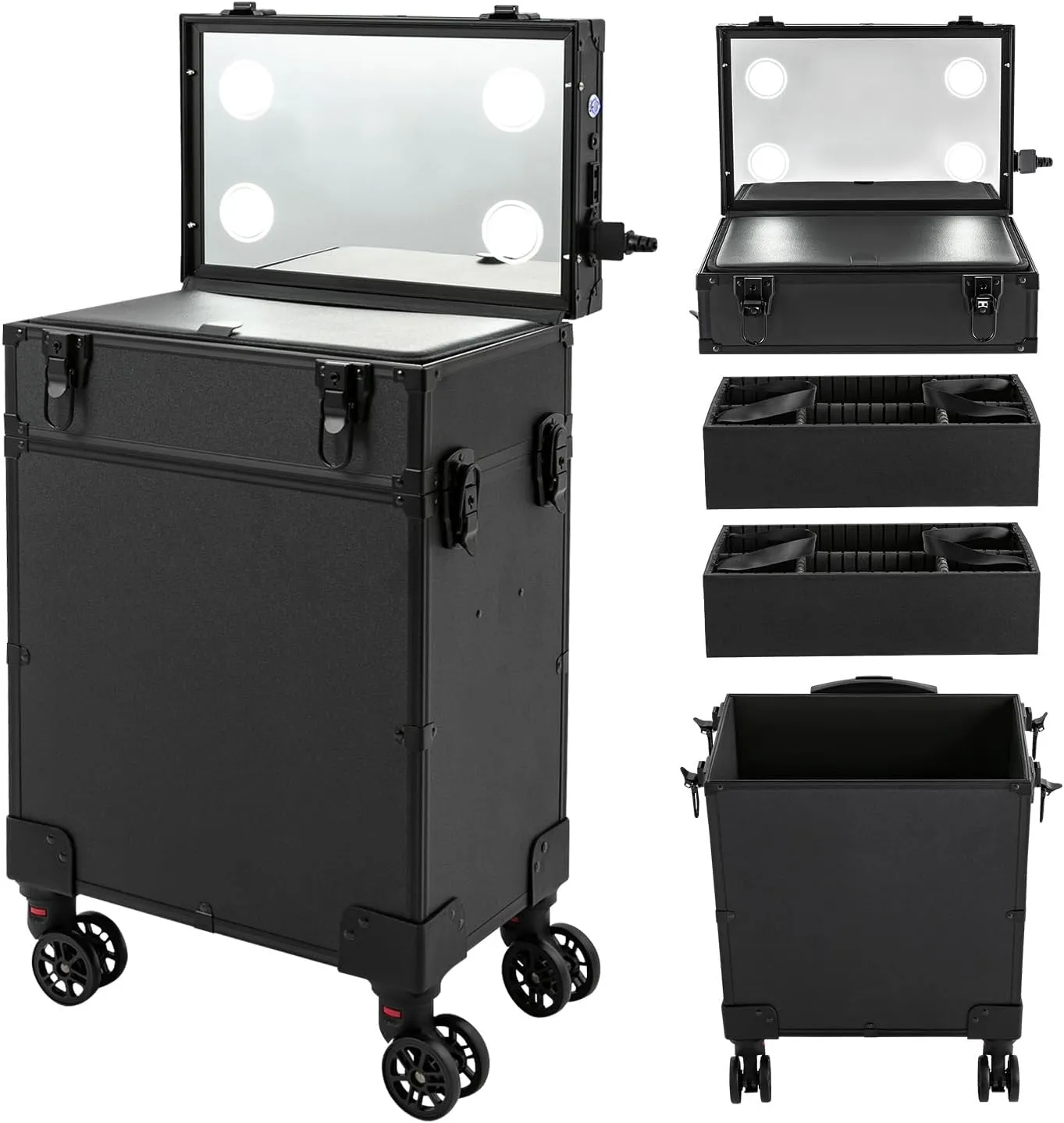 Professional Makeup Case Rolling Makeup Case Makeup Train Case with LED Lighted Mirror Cosmetic Trolley Case on Wheels Multi-layer Makeup Organizer for Makeup Artists| US STOCK (4IN1 3-Tiers)
