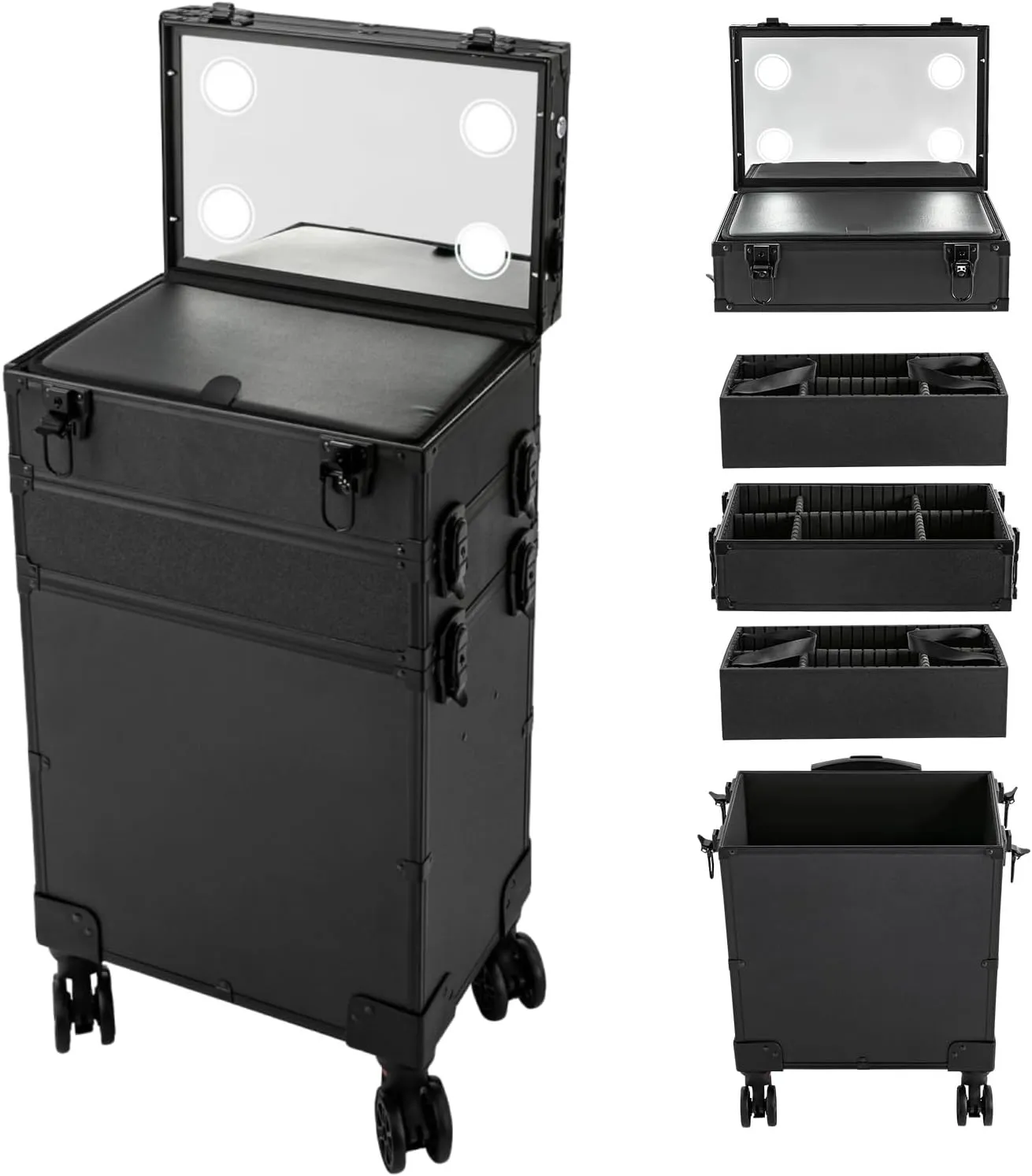 Professional Makeup Case Rolling Makeup Case Makeup Train Case with LED Lighted Mirror Cosmetic Trolley Case on Wheels Multi-layer Makeup Organizer for Makeup Artists| US STOCK (5IN1 4-Tiers)