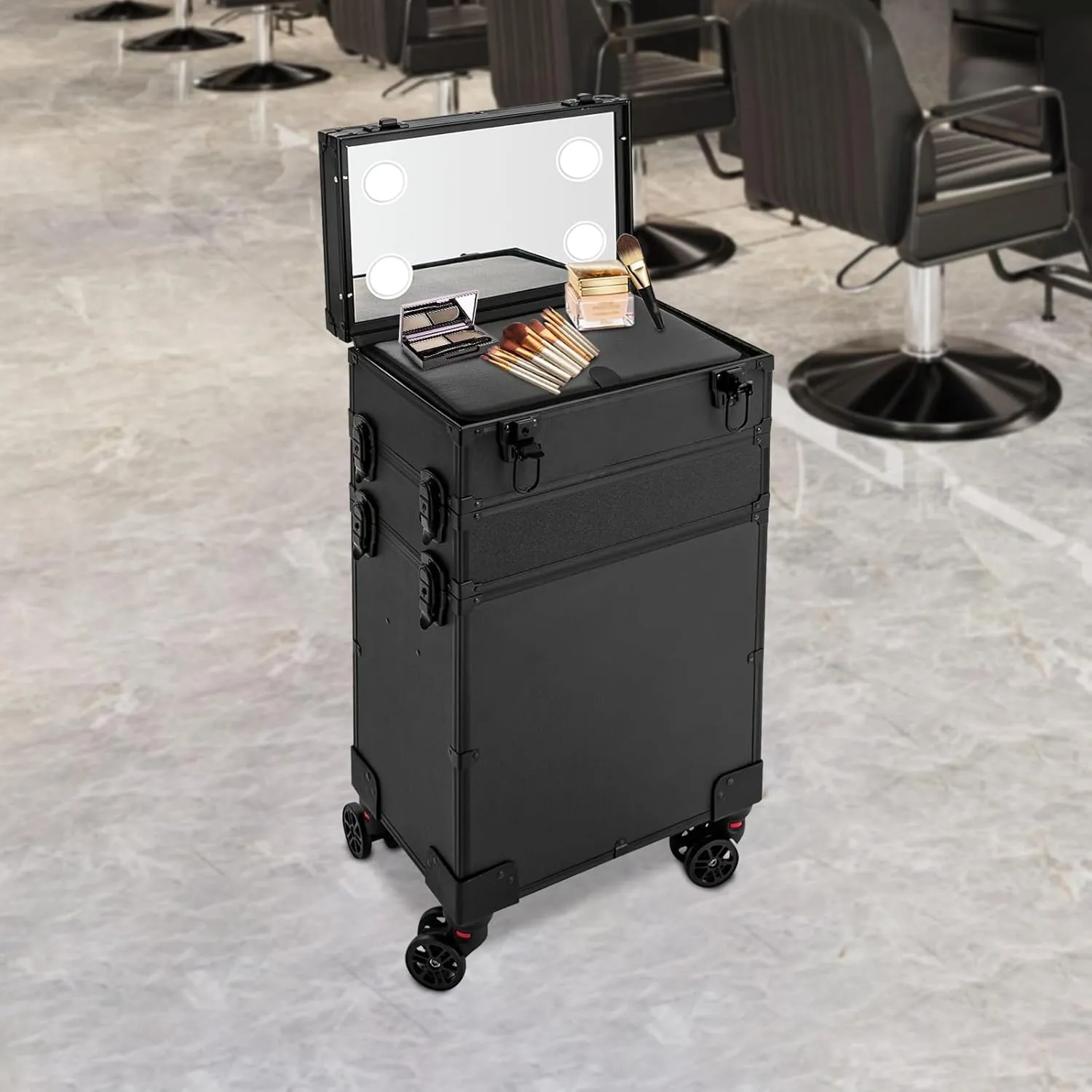 Professional Makeup Case Rolling Makeup Case Makeup Train Case with LED Lighted Mirror Cosmetic Trolley Case on Wheels Multi-layer Makeup Organizer for Makeup Artists| US STOCK (5IN1 4-Tiers)