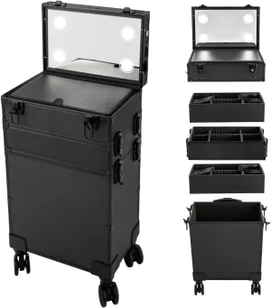 Professional Makeup Case Rolling Makeup Case Makeup Train Case with LED Lighted Mirror Cosmetic Trolley Case on Wheels Multi-layer Makeup Organizer for Makeup Artists| US STOCK (5IN1 4-Tiers)
