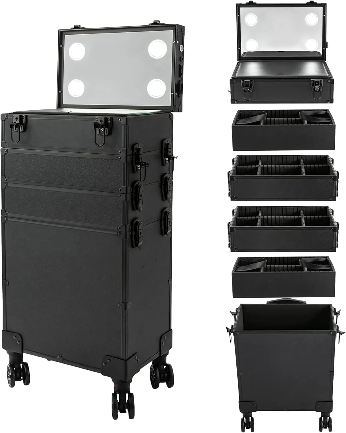 Professional Makeup Case Rolling Makeup Case Makeup Train Case with LED Lighted Mirror Cosmetic Trolley Case on Wheels Multi-layer Makeup Organizer for Makeup Artists| US STOCK (6IN1 5-Tiers)
