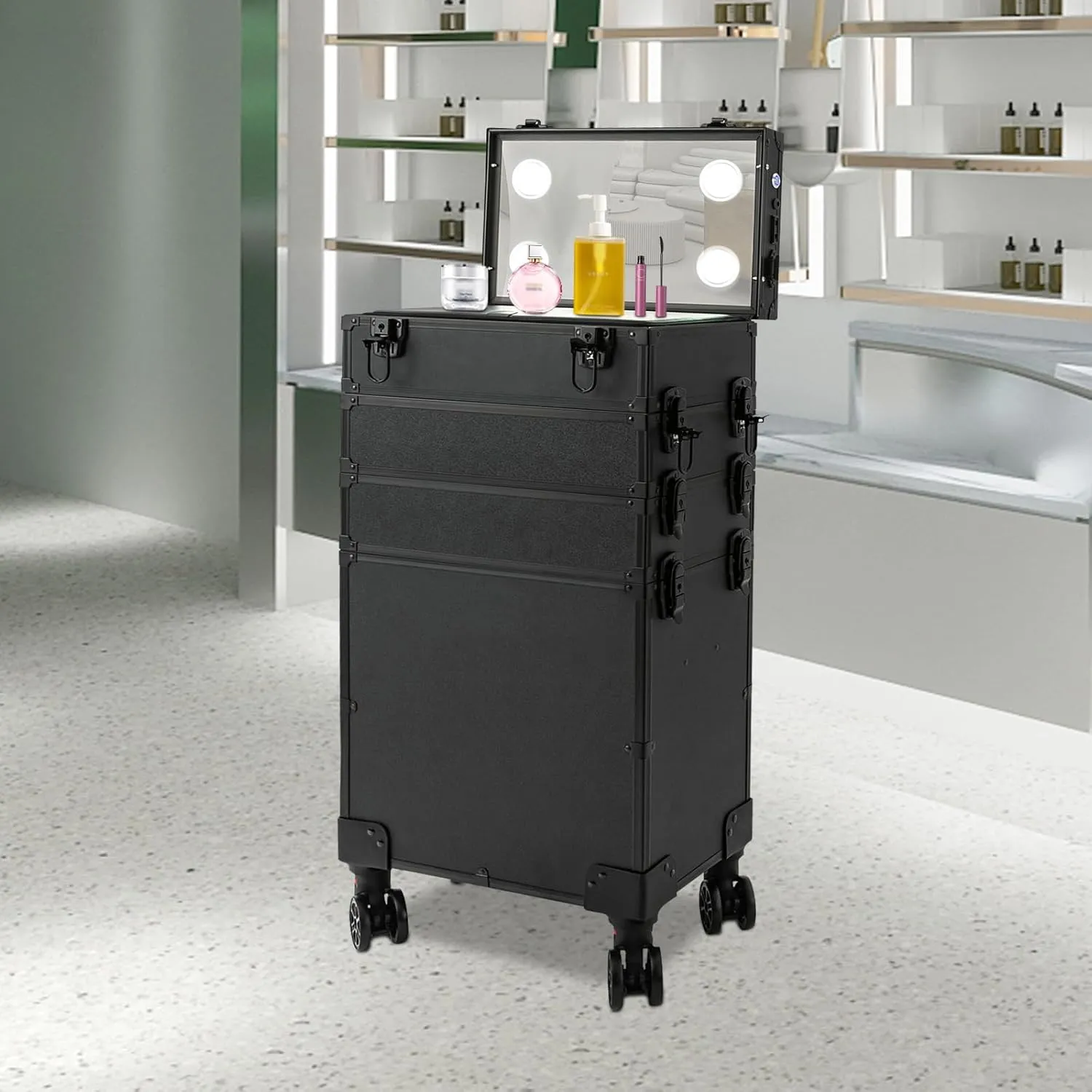 Professional Makeup Case Rolling Makeup Case Makeup Train Case with LED Lighted Mirror Cosmetic Trolley Case on Wheels Multi-layer Makeup Organizer for Makeup Artists| US STOCK (6IN1 5-Tiers)