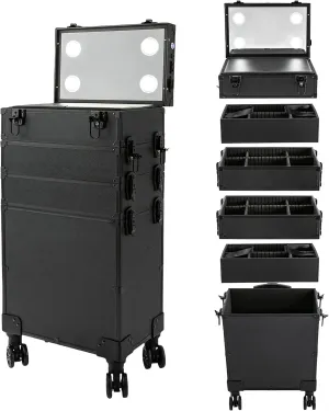 Professional Makeup Case Rolling Makeup Case Makeup Train Case with LED Lighted Mirror Cosmetic Trolley Case on Wheels Multi-layer Makeup Organizer for Makeup Artists| US STOCK (6IN1 5-Tiers)