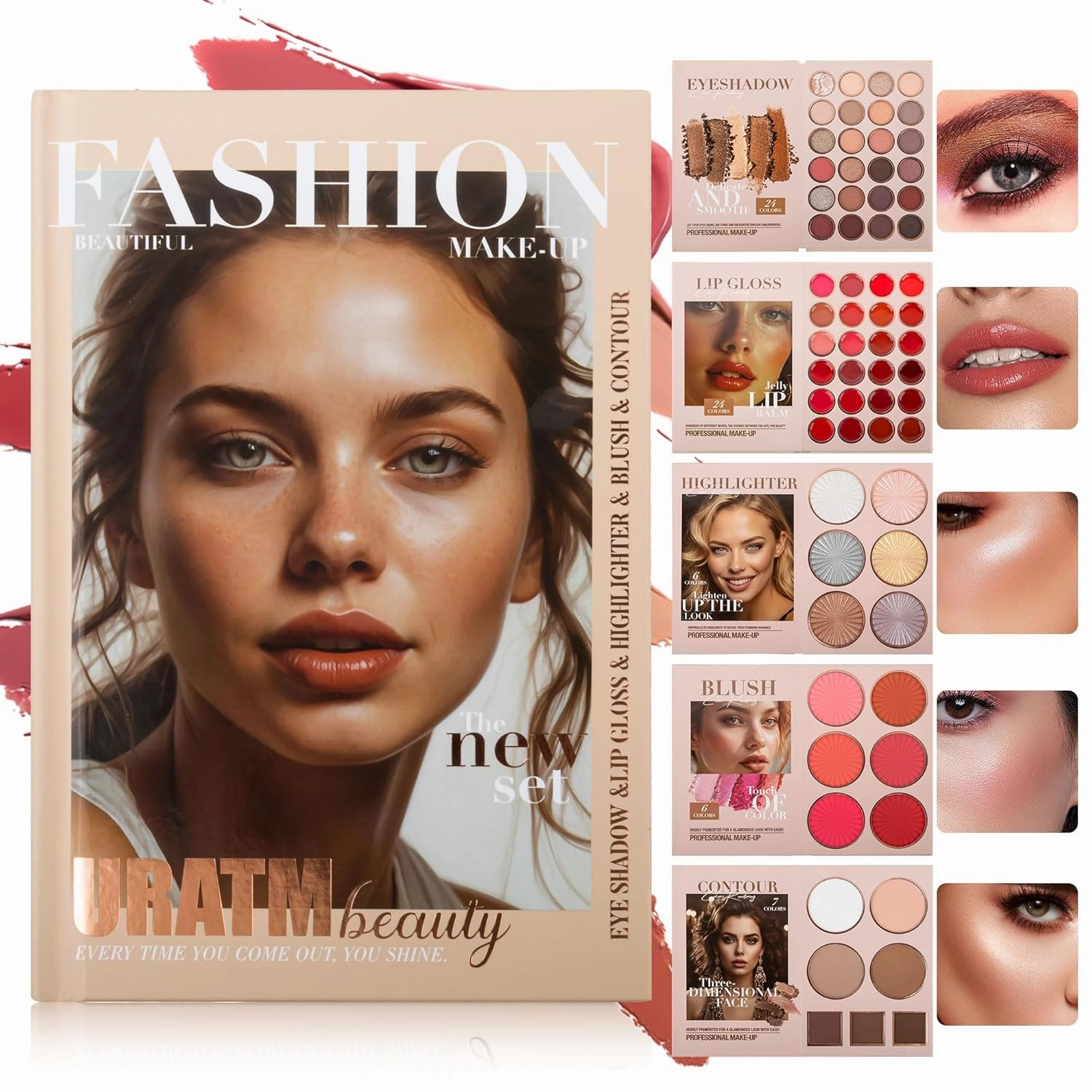 Professional Makeup Set with Eyeshadow, Lip Gloss, Highlighter, Blush and Contour Palette, 5-Piece Collection