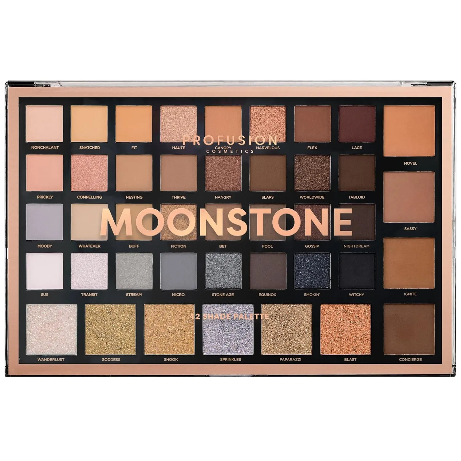 Profusion Cosmetics Moonstone 42 Shade Palette Matte Satin Shimmer Metallic Nude Smoky Eyeshadow Pallete Beauty Cosmetics Highly Pigment Powder Long Lasting Blendable