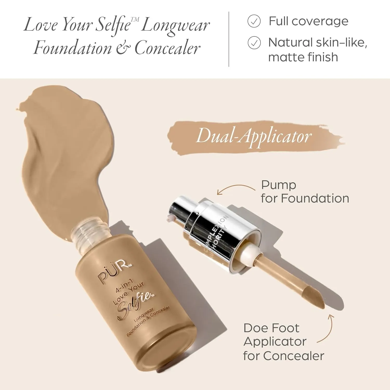 PUR Beauty 4-in-1 Love Your Selfie Foundation & Concealer - Longwear Full Coverage Liquid Makeup Foundation with Hydrating Blend for Refined-Looking, Natural Beauty Glow, Skin Texture & Tone