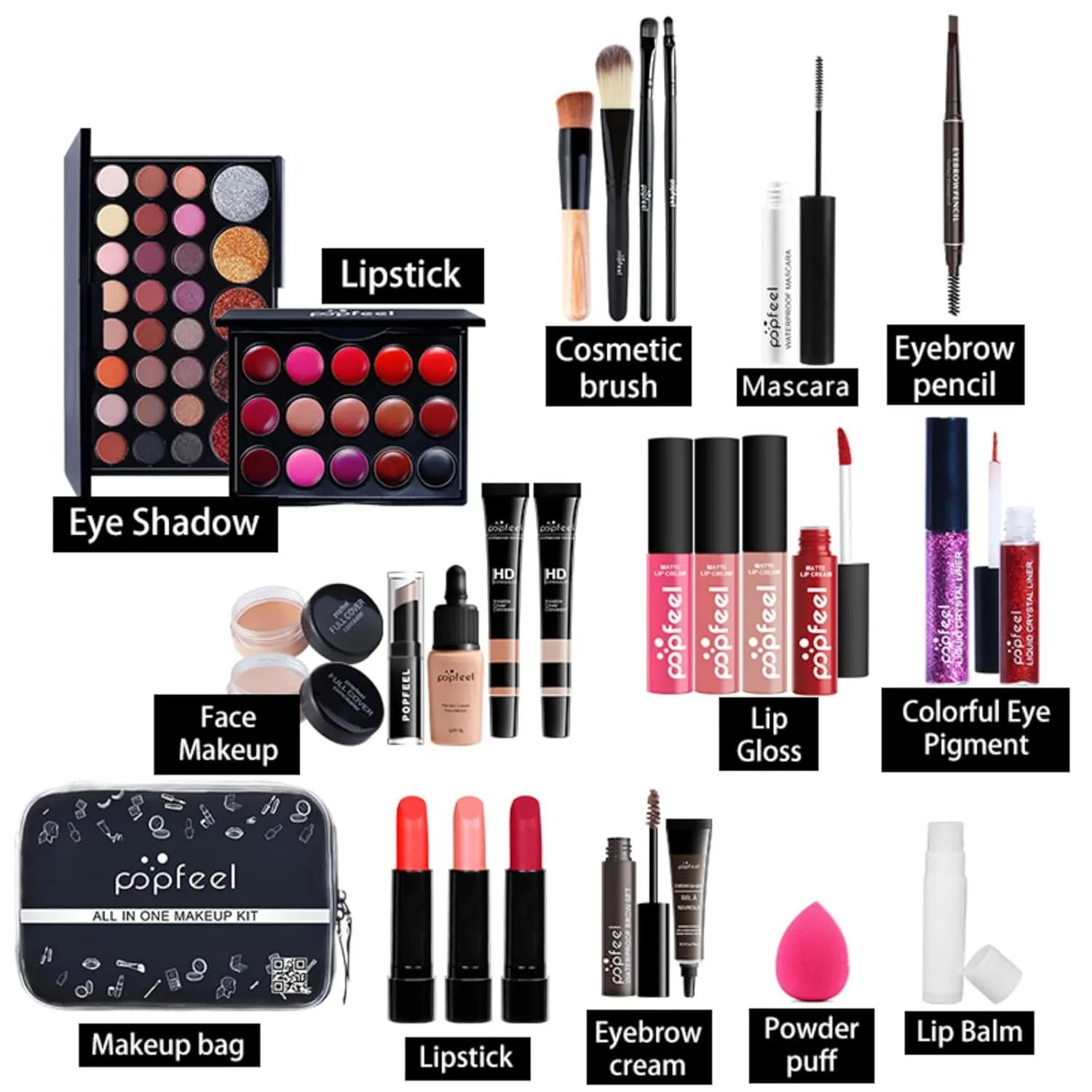 Pure Vie All-in-One Holiday Gift Surprise Makeup Set Essential Starter Bundle Include Eyeshadow Palette Lipstick Concealer Blush Mascara Eyeliner Face Powder Lipgloss Brush - Full Makeup Kit for Women