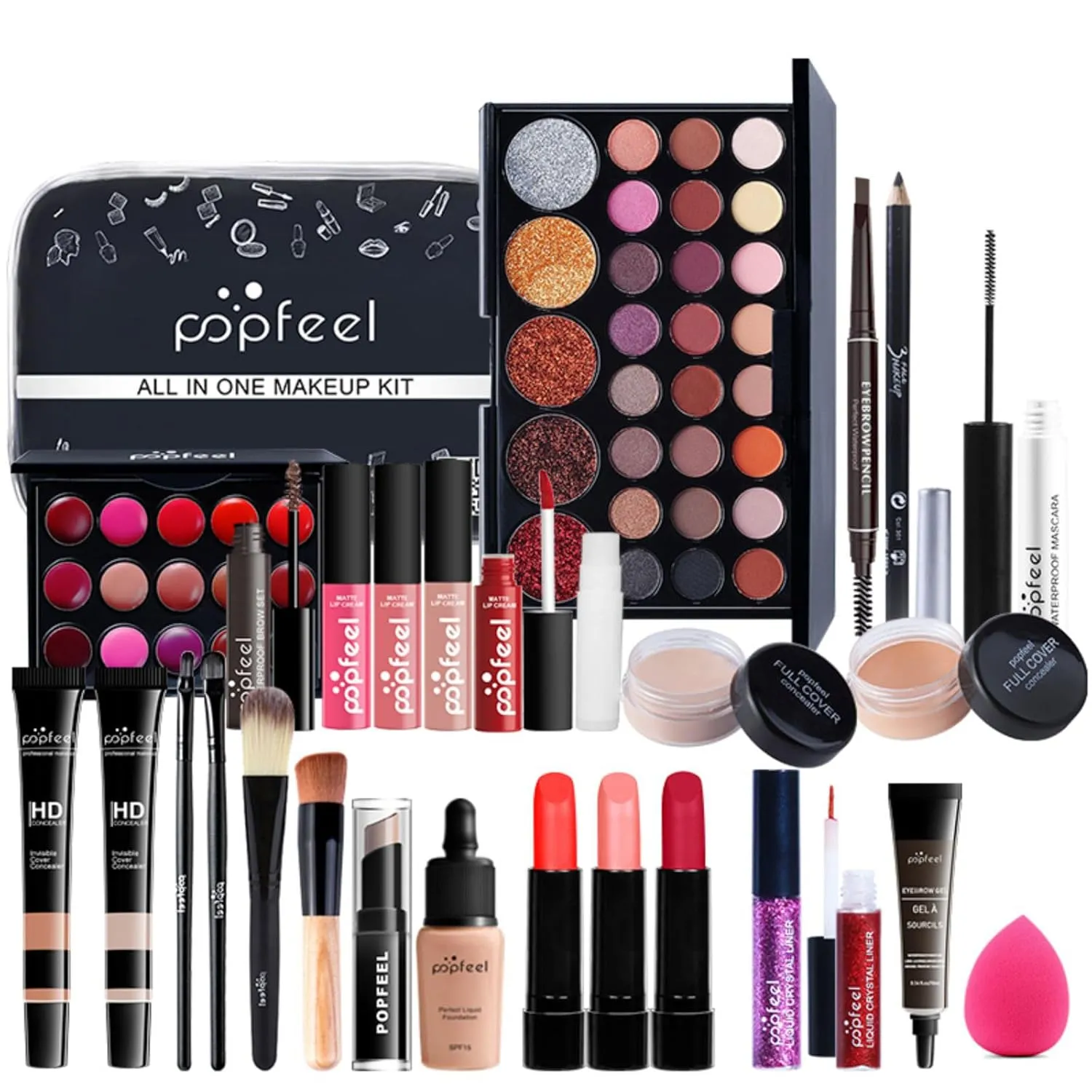 Pure Vie All-in-One Holiday Gift Surprise Makeup Set Essential Starter Bundle Include Eyeshadow Palette Lipstick Concealer Blush Mascara Eyeliner Face Powder Lipgloss Brush - Full Makeup Kit for Women